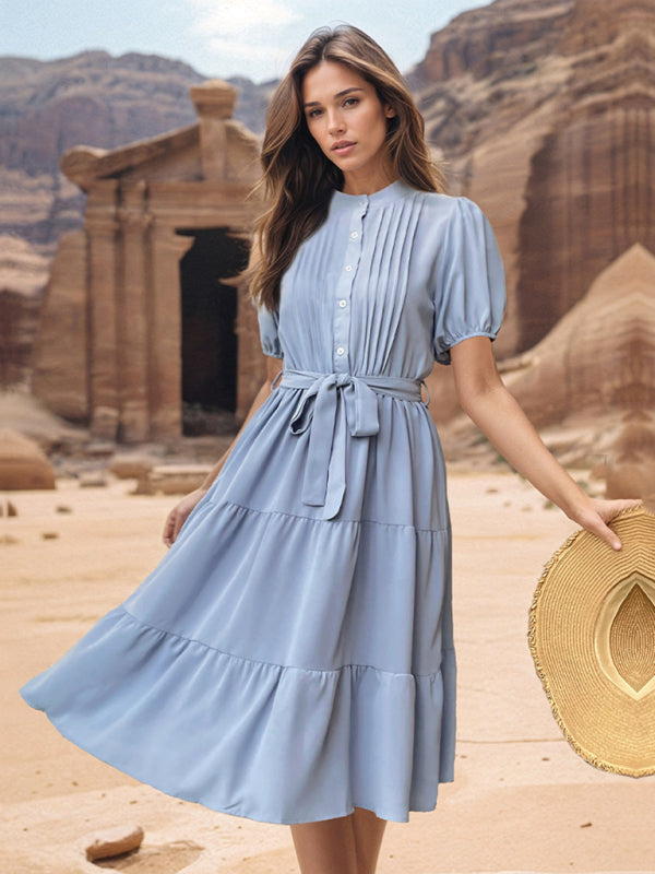 Damen-Midikleid mit Stehkragen, Falten, kurzen Ärmeln und Schnürung, ideal für Pendler 