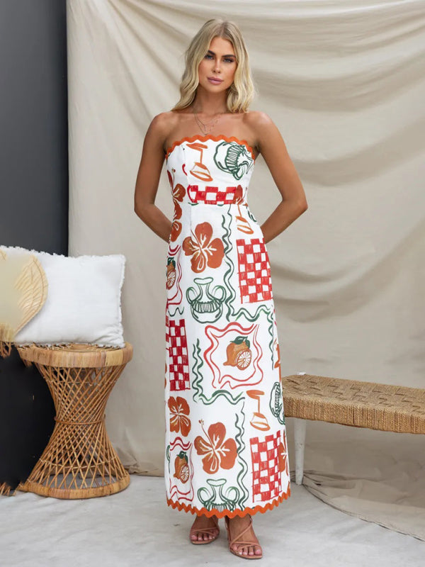 Frühling und Sommer im neuen Stil, brustumwickeltes, plissiertes, lässig bedrucktes Kleid 