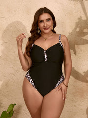 Plus-Size-Bikini-Badeanzug in reinem Schwarz mit Leopardenmuster, einteilig und schmal geschnitten 