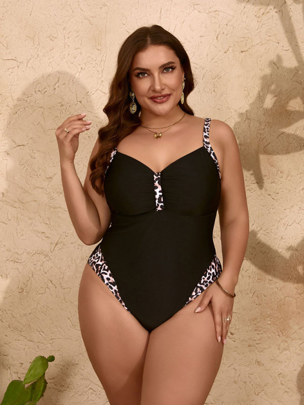 Plus-Size-Bikini-Badeanzug in reinem Schwarz mit Leopardenmuster, einteilig und schmal geschnitten 