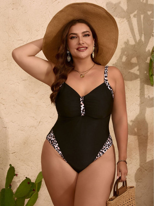 Plus-Size-Bikini-Badeanzug in reinem Schwarz mit Leopardenmuster, einteilig und schmal geschnitten 