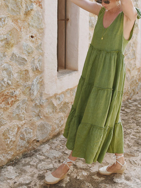 Women's Fashionable Sleeveless Solid Color Cotton and Linen Dress