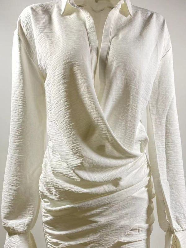 Langärmliges weißes Hemd, sexy tief ausgeschnittenes Damenkleid 