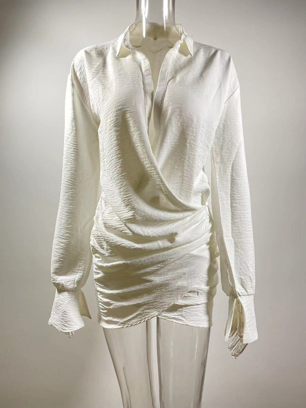 Langärmliges weißes Hemd, sexy tief ausgeschnittenes Damenkleid 