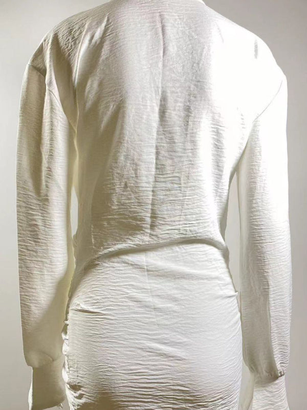 Langärmliges weißes Hemd, sexy tief ausgeschnittenes Damenkleid 