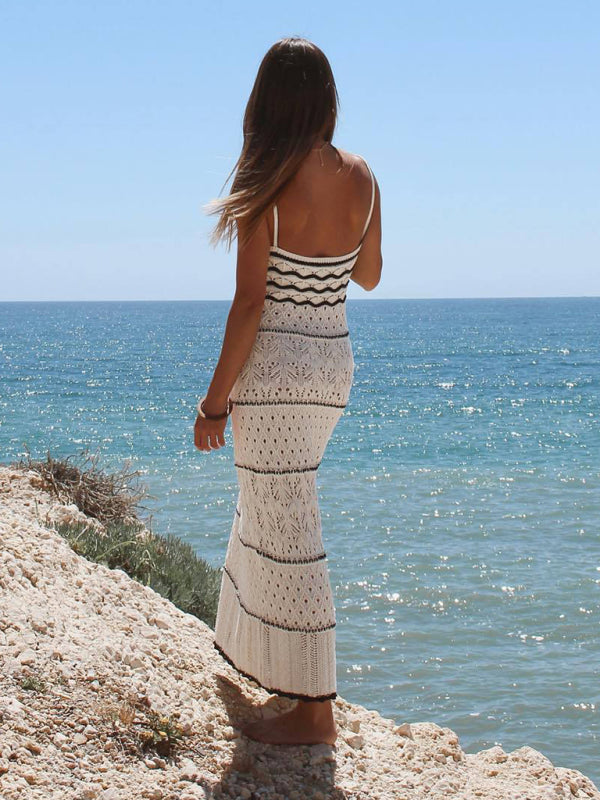 Nouvelle robe longue sexy en maille ajourée à bretelles 