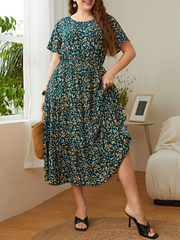 Robe décontractée à col rond et imprimé taille haute pour femme grande taille 