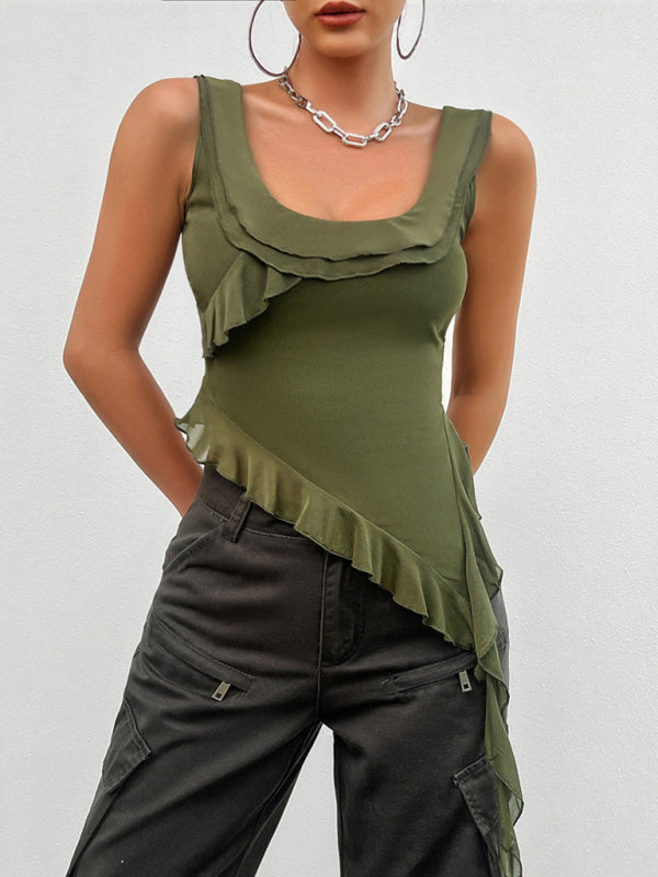 Women's casual solid color sleeveless U-neck mesh top - Closther