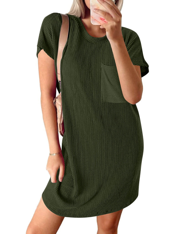 Casual contrasting wavy striped short-sleeved pocket dress - Closther