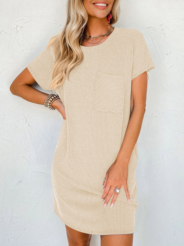 Casual contrasting wavy striped short-sleeved pocket dress - Closther