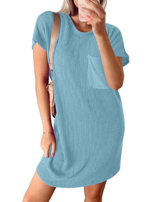 Casual contrasting wavy striped short-sleeved pocket dress - Closther