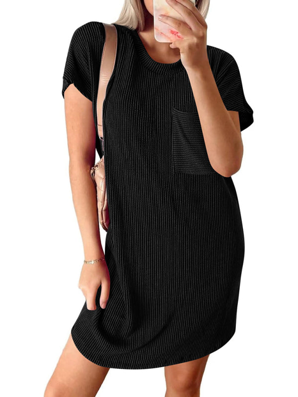 Casual contrasting wavy striped short-sleeved pocket dress - Closther