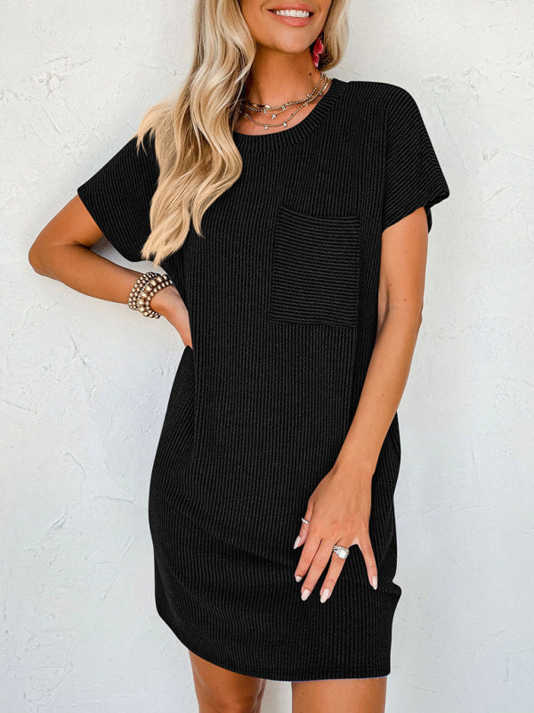 Casual contrasting wavy striped short-sleeved pocket dress - Closther