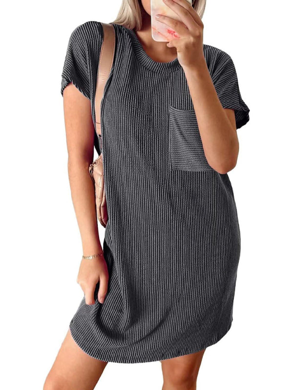 Casual contrasting wavy striped short-sleeved pocket dress - Closther