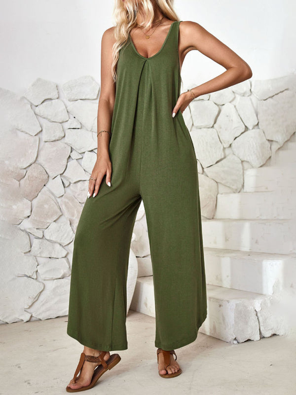 Casual sleeveless V-neck wide-leg jumpsuit with pockets - Closther