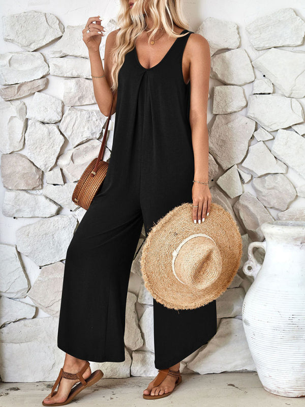 Casual sleeveless V-neck wide-leg jumpsuit with pockets - Closther