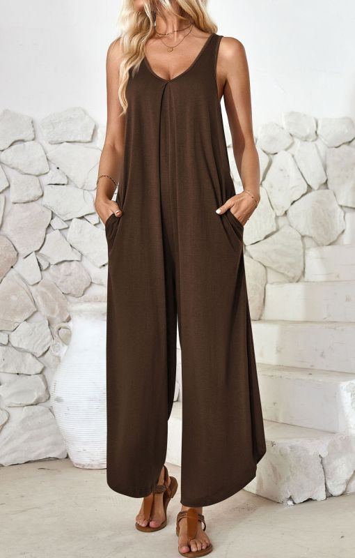 Casual sleeveless V-neck wide-leg jumpsuit with pockets - Closther