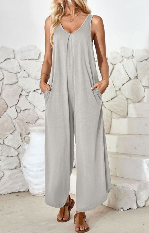 Casual sleeveless V-neck wide-leg jumpsuit with pockets - Closther