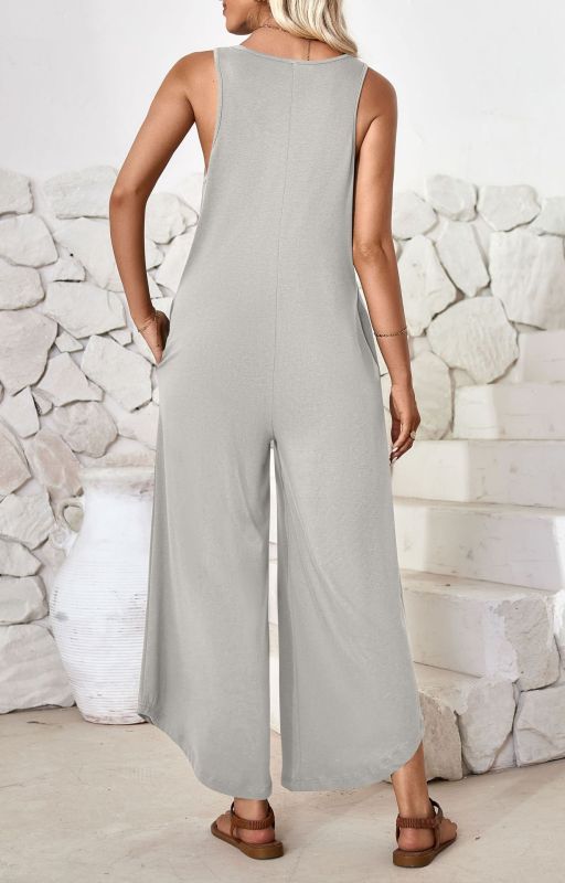 Casual sleeveless V-neck wide-leg jumpsuit with pockets - Closther