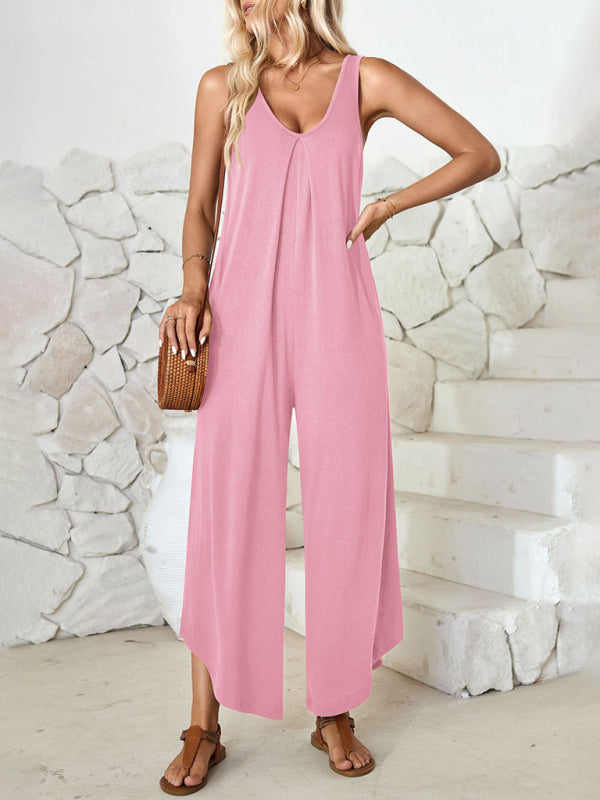 Casual sleeveless V-neck wide-leg jumpsuit with pockets - Closther