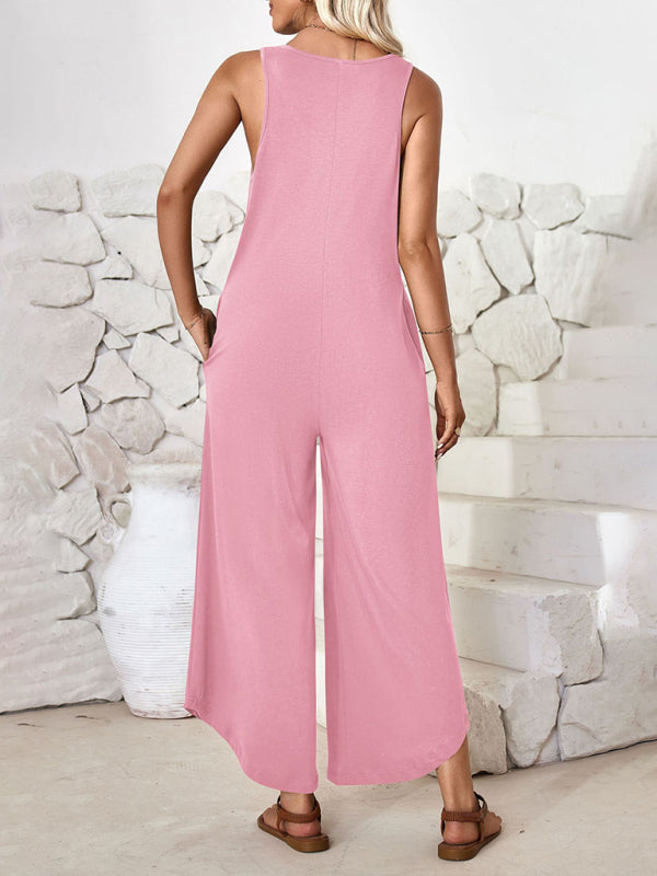 Casual sleeveless V-neck wide-leg jumpsuit with pockets - Closther