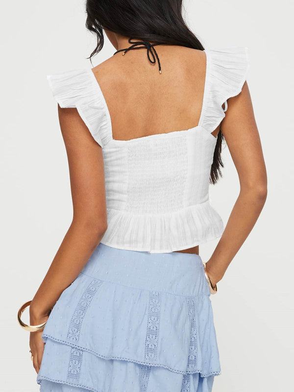 Haut en dentelle sexy à bretelles courtes et nœud papillon, taille basse, style femme. 