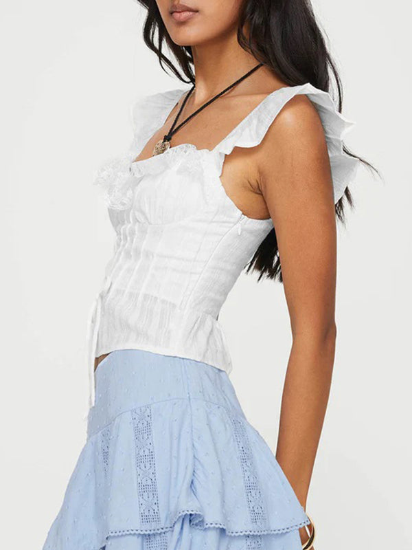 Haut en dentelle sexy à bretelles courtes et nœud papillon, taille basse, style femme. 