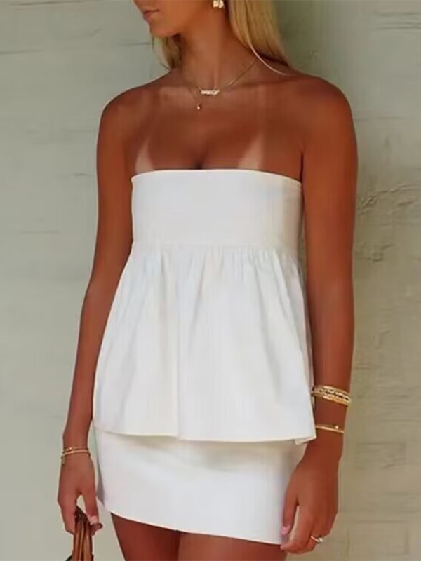Women's new hot girl one-shoulder pleated solid color sleeveless tube top