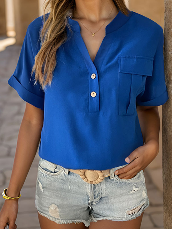 Women's short sleeve solid color v-neck shirt