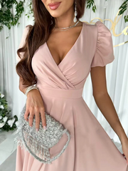 New Commuting Solid Color V-Neck Waist Puff Sleeve Swing Dress – front view