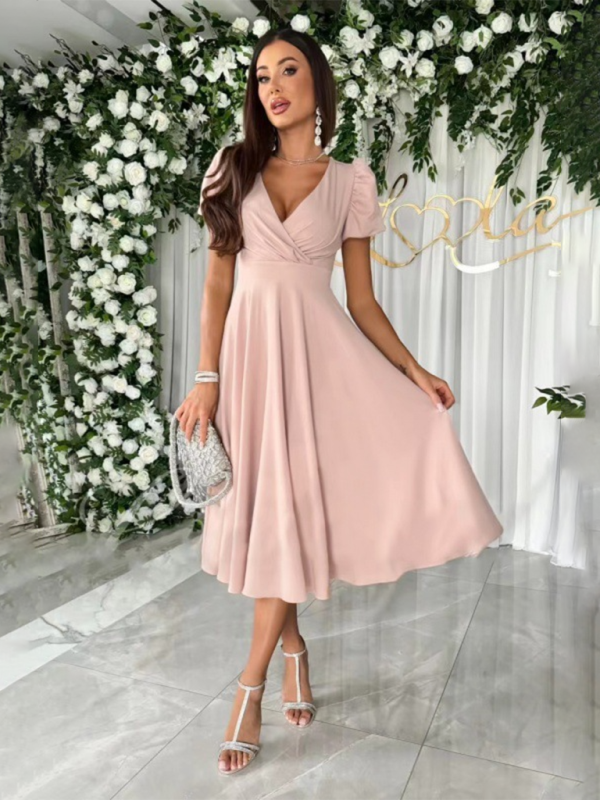 New Commuting Solid Color V-Neck Waist Puff Sleeve Swing Dress – back view