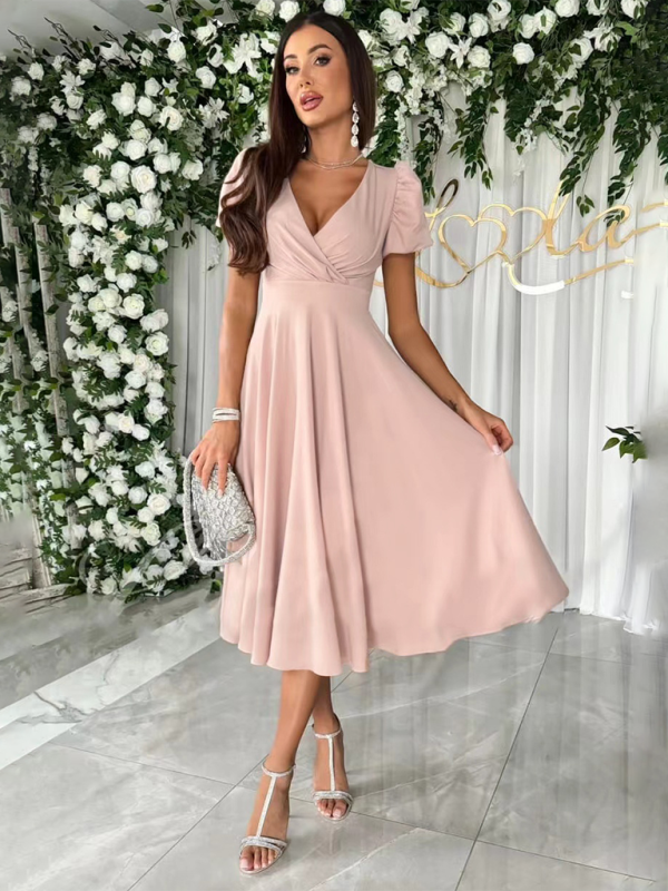 New Commuting Solid Color V-Neck Waist Puff Sleeve Swing Dress – side view
