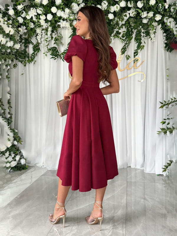 New Commuting Solid Color V-Neck Waist Puff Sleeve Swing Dress – detail view