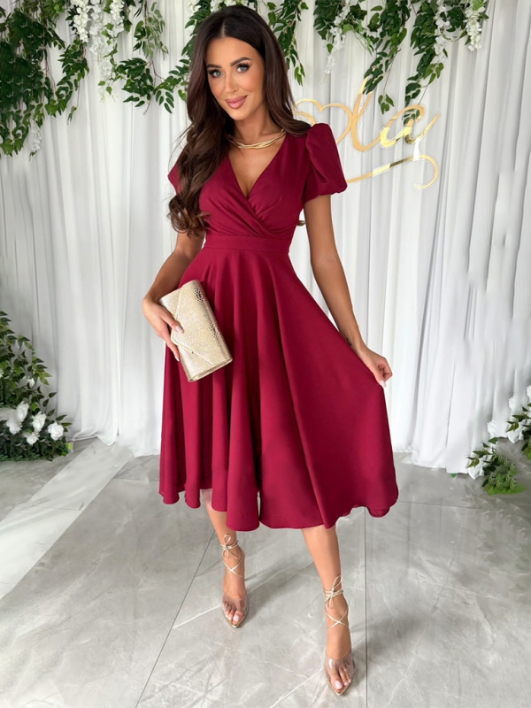 New Commuting Solid Color V-Neck Waist Puff Sleeve Swing Dress – lifestyle view