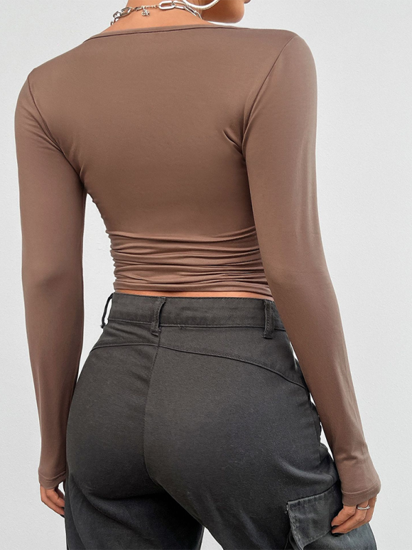 T-shirt à manches longues en maille, coupe ajustée, couleur unie, pour femme 