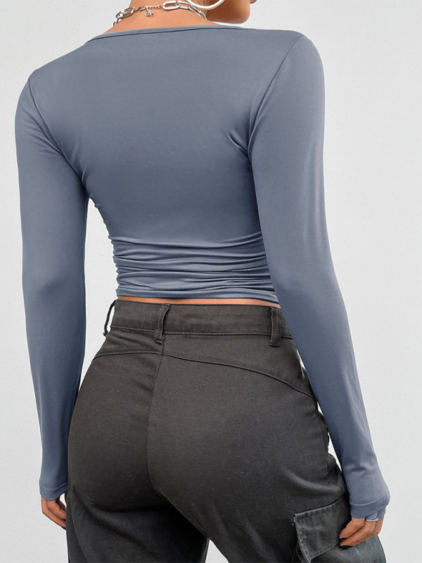 T-shirt à manches longues en maille, coupe ajustée, couleur unie, pour femme 