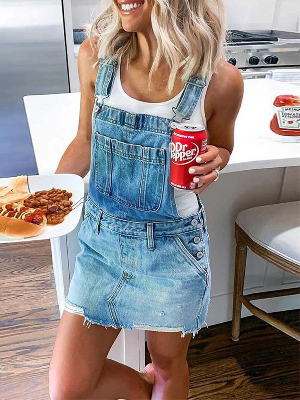 Women's blue denim overall dress – front view