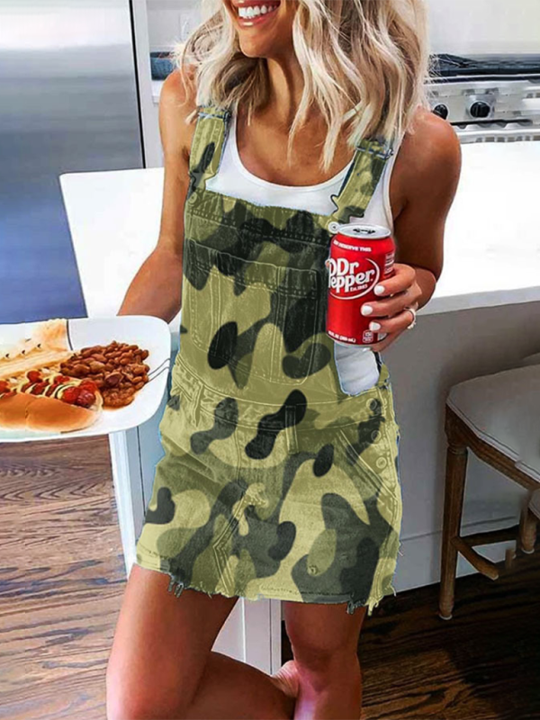 Women's camo denim overall dress – front view