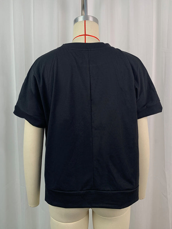 T-shirt d'été décontracté à sequins, col rond, manches courtes, style rugby 