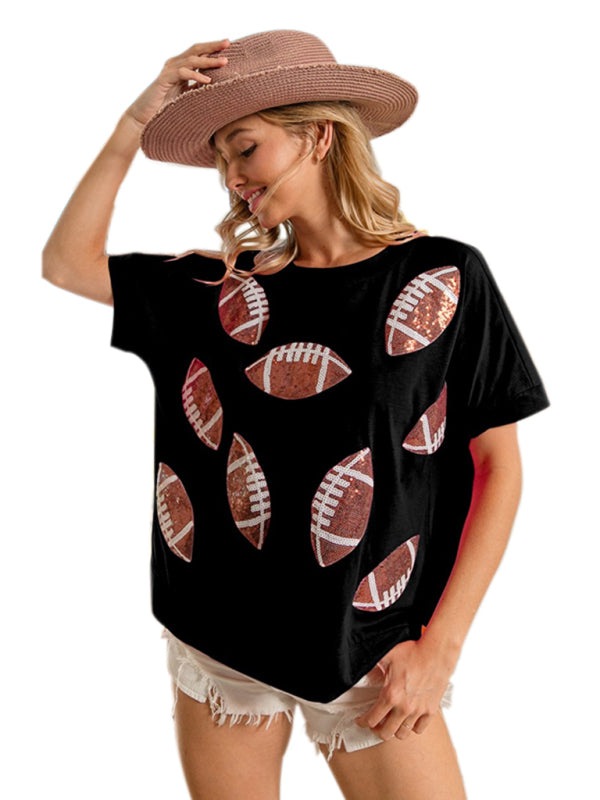T-shirt d'été décontracté à sequins, col rond, manches courtes, style rugby 