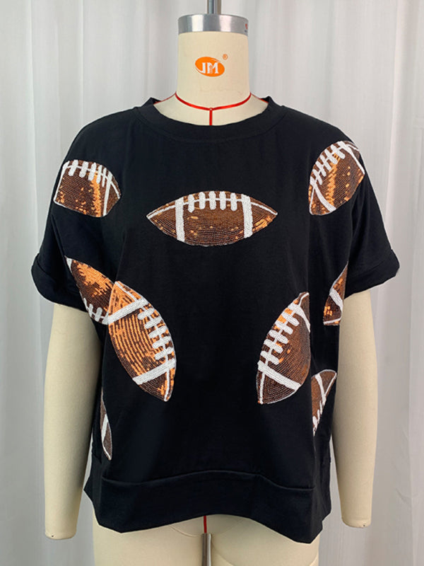 T-shirt d'été décontracté à sequins, col rond, manches courtes, style rugby 