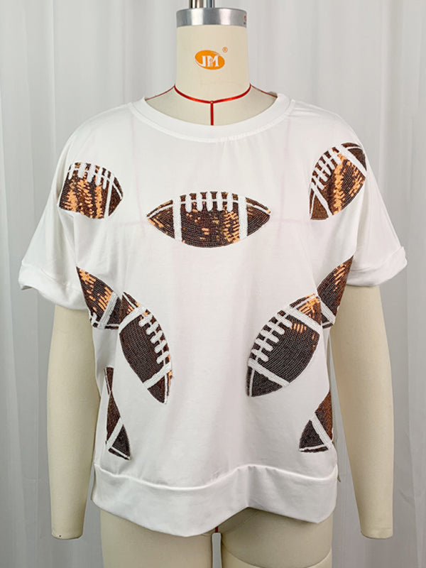 T-shirt d'été décontracté à sequins, col rond, manches courtes, style rugby 