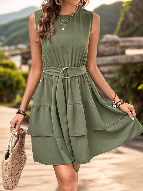 Women's round neck solid color tiered sleeveless round neck dress