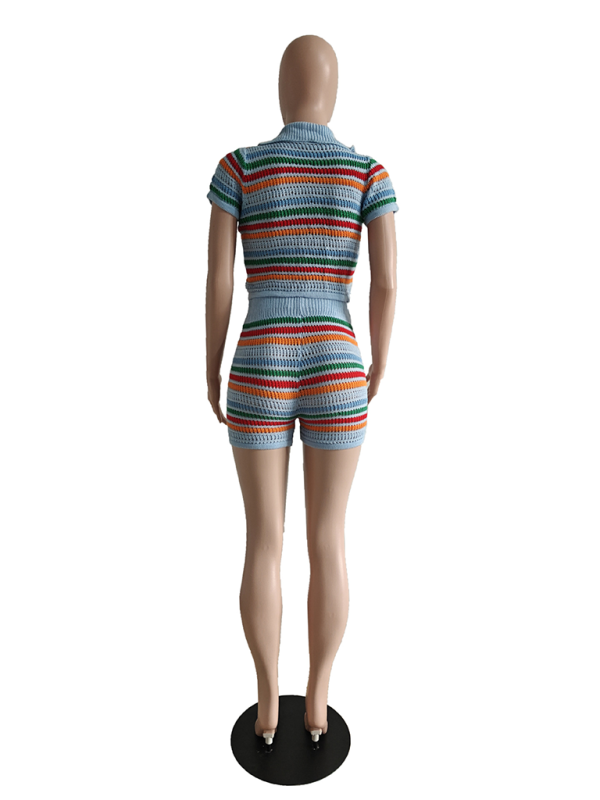 Neues, sexy, gestricktes, farblich abgesetztes Kurzarm-Shorts-Zweiteiler-Set 