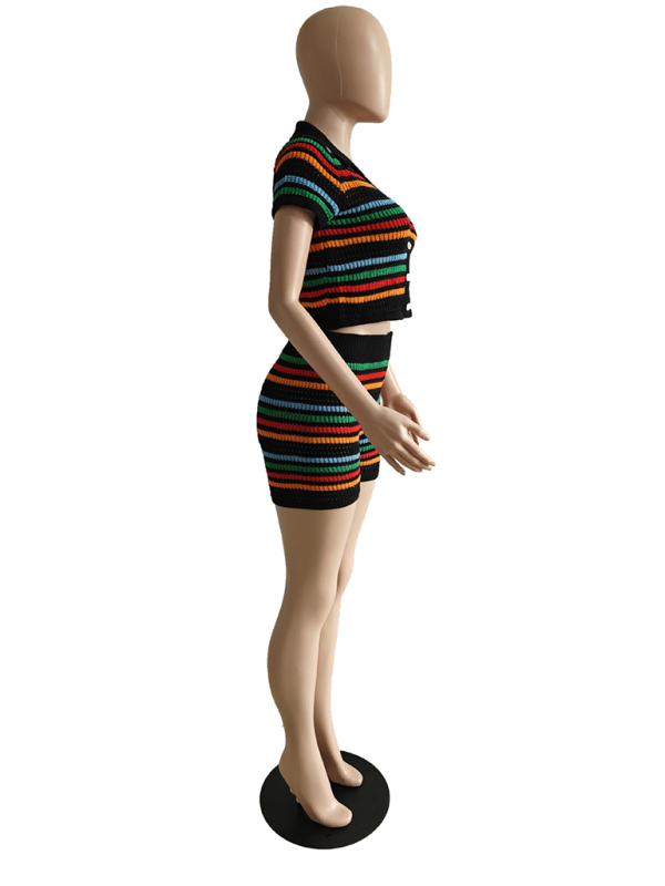 Neues, sexy, gestricktes, farblich abgesetztes Kurzarm-Shorts-Zweiteiler-Set 