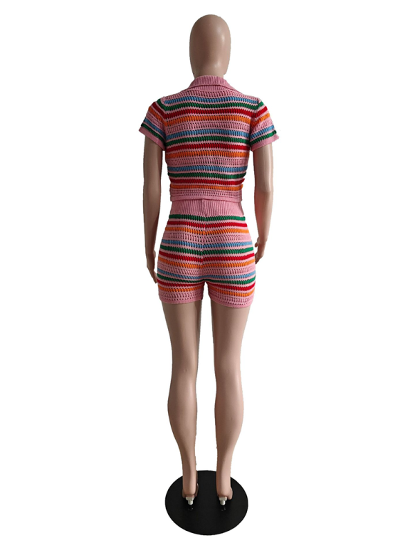 Neues, sexy, gestricktes, farblich abgesetztes Kurzarm-Shorts-Zweiteiler-Set 