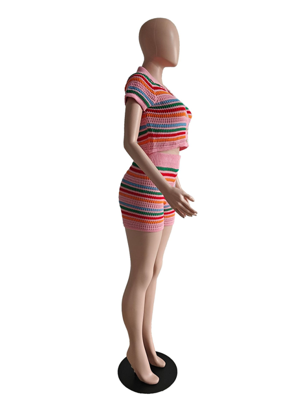 Neues, sexy, gestricktes, farblich abgesetztes Kurzarm-Shorts-Zweiteiler-Set 
