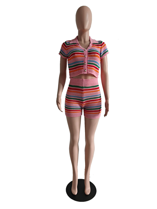 Neues, sexy, gestricktes, farblich abgesetztes Kurzarm-Shorts-Zweiteiler-Set 