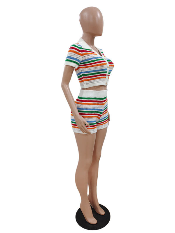 Neues, sexy, gestricktes, farblich abgesetztes Kurzarm-Shorts-Zweiteiler-Set 