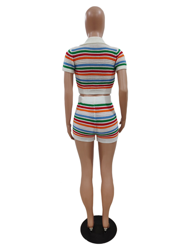 Neues, sexy, gestricktes, farblich abgesetztes Kurzarm-Shorts-Zweiteiler-Set 